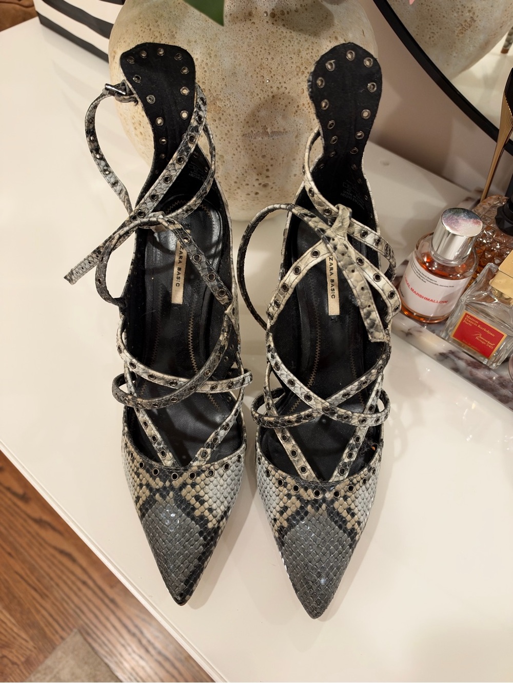 Zara Snake-Print Pointed Toe Lace-Up Heels in Black and Cream